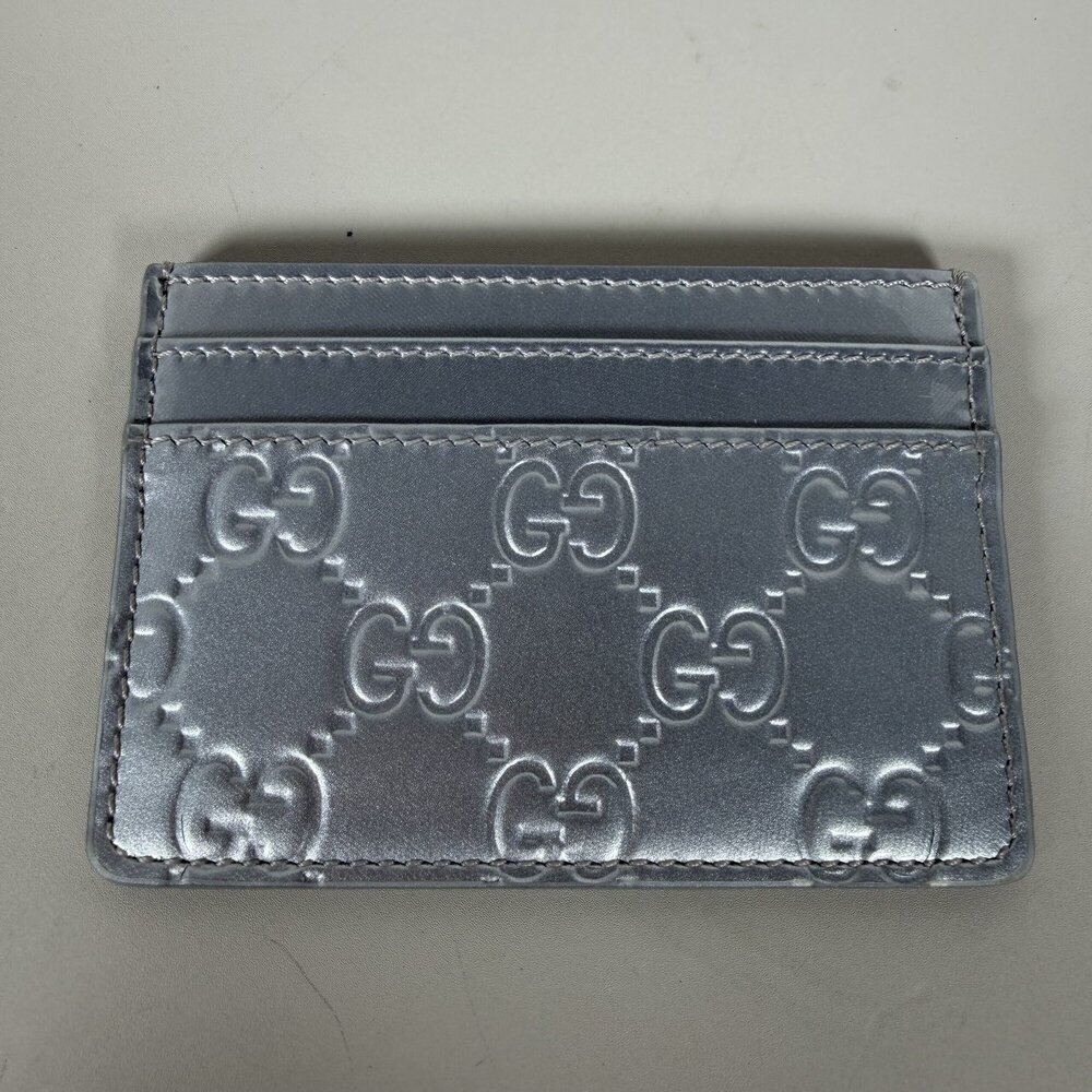 Gucci Metallic Silver GG Emblem Leather Pocket Card Holder